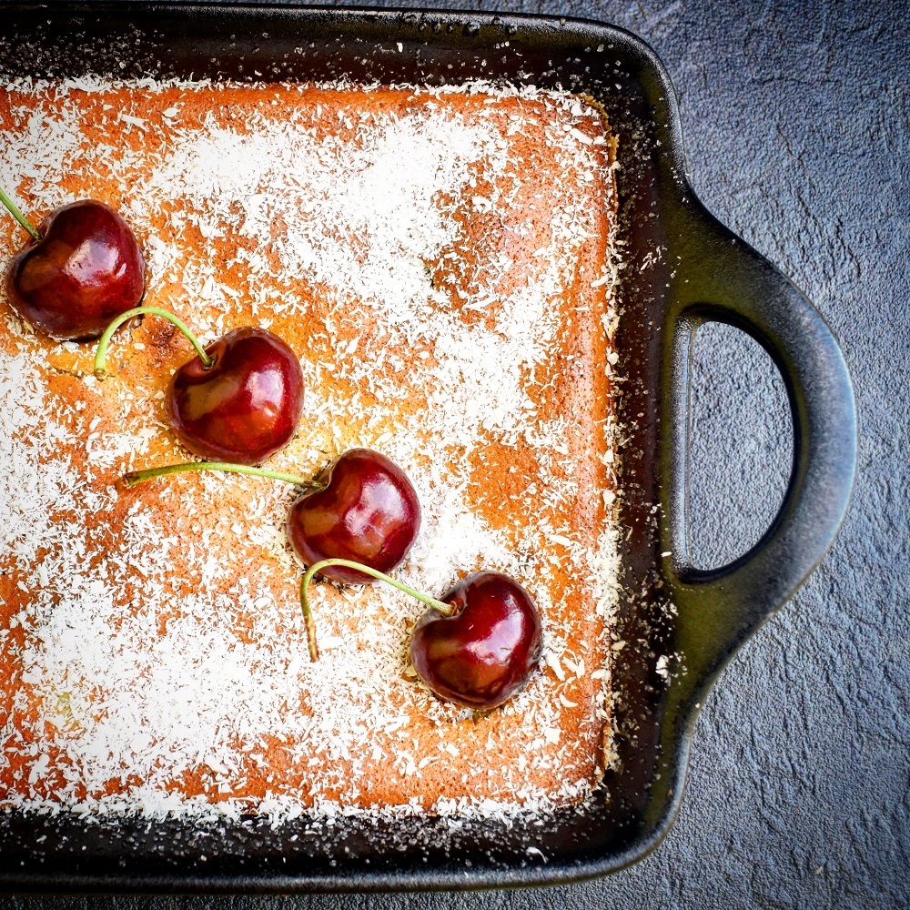 CLAFOUTIS WITH CHERRIES AND COCONUT